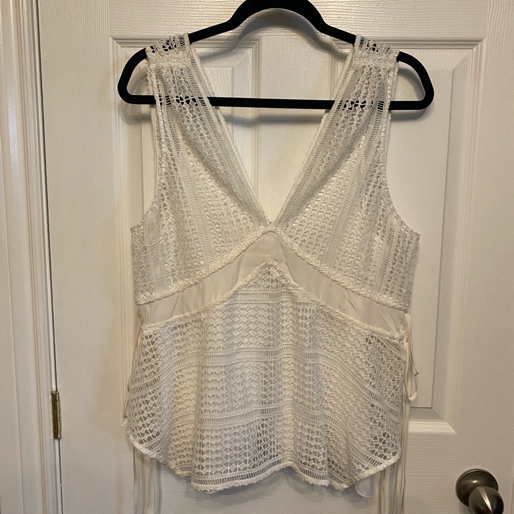Derek Lam Ivory Crochet Look Top Deep V Low Back Cami Side Tie NWT Size 12